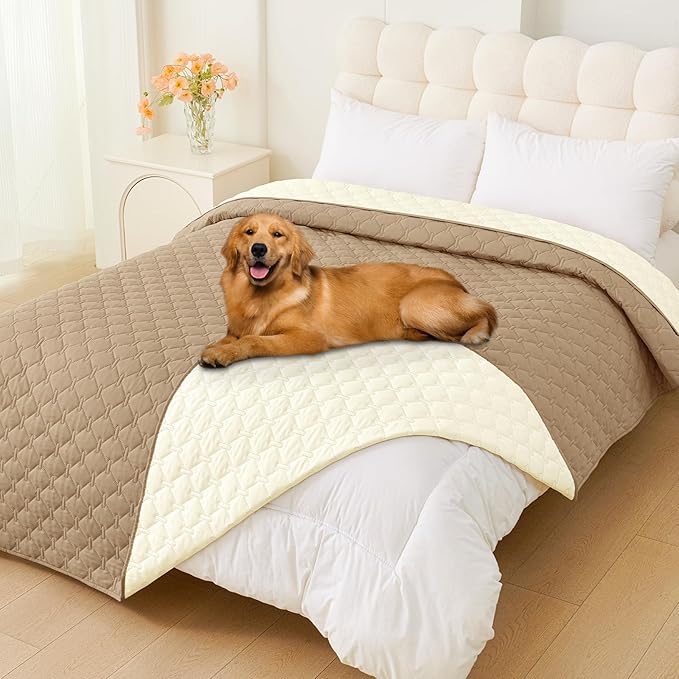 Smiry Waterproof Dog Bed Cover Blanket, Soft Reversible Pet Blanket, Washable Leakproof Cats Dogs Couch Cover for Sofa, Couch, Furniture (82x82 Inch, Camel/Beige)