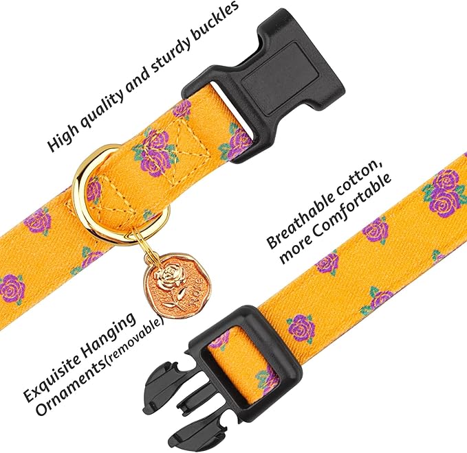 Cotton Handmade Dog Collar Cute and Distinctive Patterns Yellow Rose with Pendant for Girl Boy Dogs Collars L