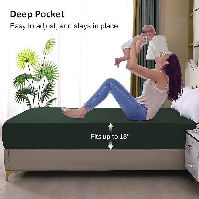 King Mattress Protector Waterproof, Fitted Sheet Style Breathable Mattress Cover with Deep Pocket Fits Up to 18'', Noiseless Bed Cover for Kids Adults Pets, Machine Washable (Green, 76'' X 80'')