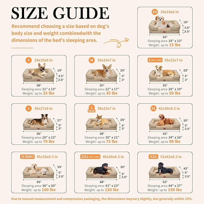 Comfort Expression Orthopedic Dog Bed for Extra Large Dogs 42x30 Inch, Waterproof Egg Crate Foam XL Pet Bed with Removable Bolsters, Dog Couch with Washable Cover & Non-Slip Bottom, Light Brown