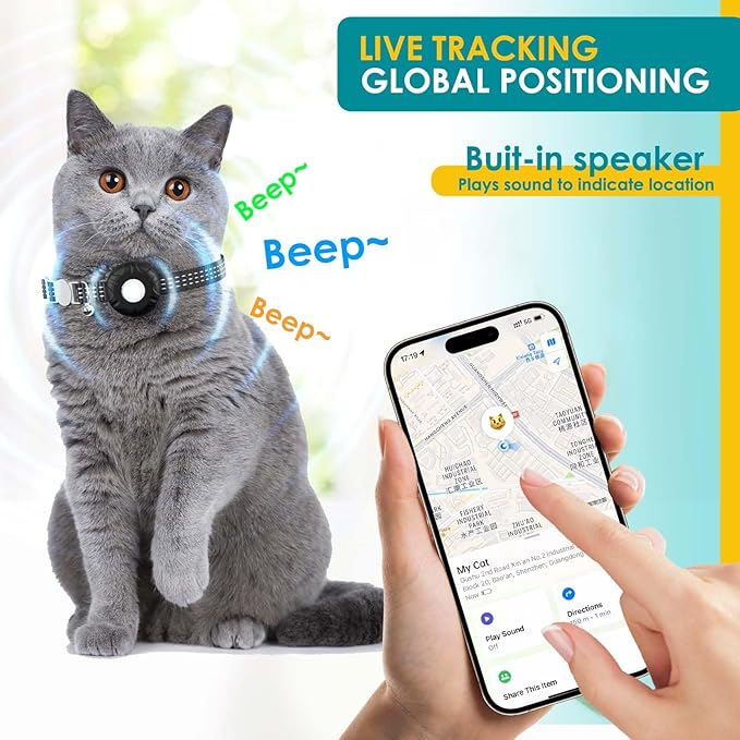Cat Tracker, Lightweight Pet Tracker for Cats, No Monthly Fee, Waterproof Cat GPS Tracker Compatible with Apple Find My App(Only iOS), Real-Time Tracking, Precise Positioning, Smart Alerts