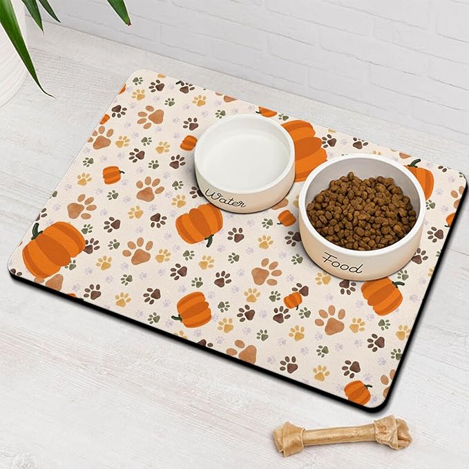 Fall Pumpkin Dog Food & Water Mat, Paw Prints Autumn Pet Feeding Mat for Floor Non-Slip Waterproof, Super Absorbent Cat Bowl Mat, Easy to Clean Eco-Friendly Durable Pet Placemat,16" × 24"