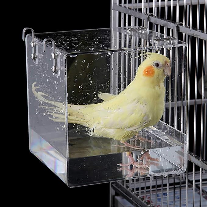 Hanging Bird Bath Cube Bird Bathtub Bath Shower Box Bowl Cage Accessory for Small Bird Canary Budgerigar Parrots Crested Myna Cockatiel