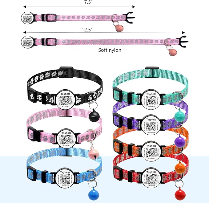 6 Pack Breakaway Cat Collar with QR Code & Bell, Reflective Safety Collars with Online Pet ID Storage, Adjustable Nylon Collars for Multiple Cats (Mixed Colors)