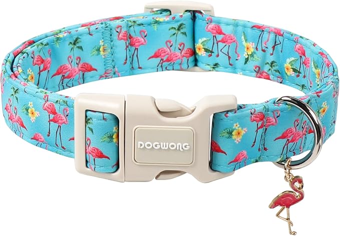 DOGWONG Spring Summer Dog Collar-Cute Flamingo Dog Collar, Adjustable Soft Beach Hawaiian Dogs Collars for Medium Dogs, M