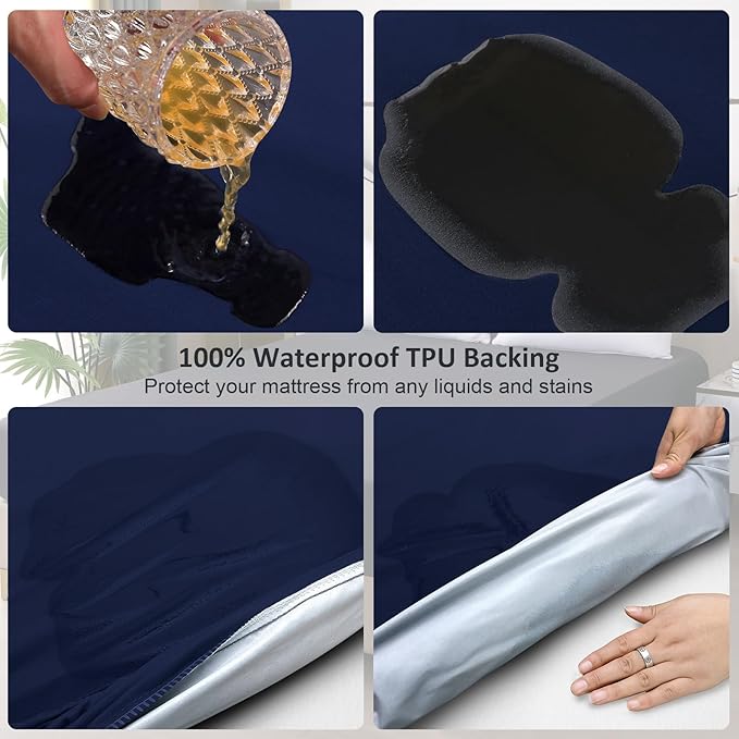 Twin Mattress Protector Waterproof, Fitted Sheet Style Breathable Cooling Mattress Cover with Deep Pocket Fits Up to 18'', Noiseless Bed Cover for Kids Adults, Machine Washable(Navyblue, 39'' X 75'')