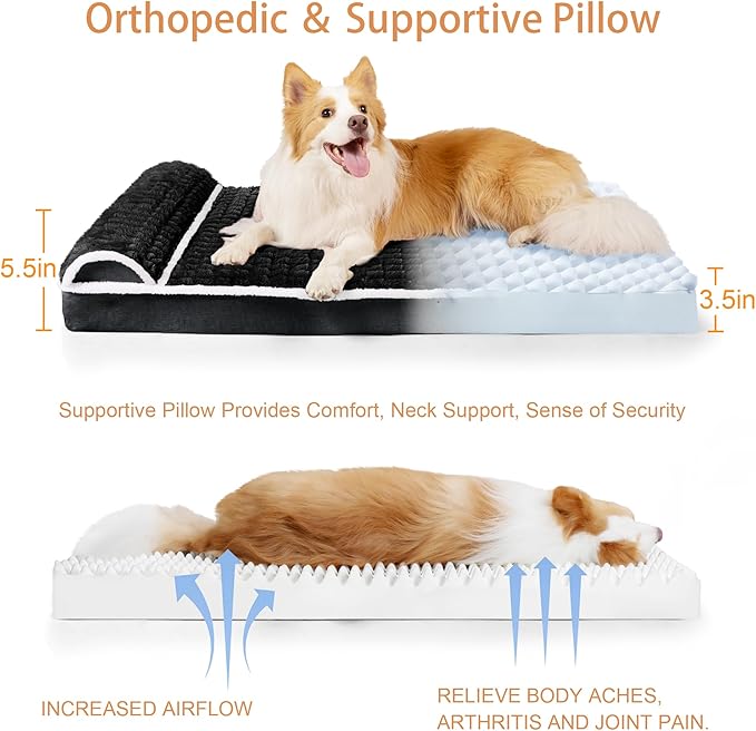 Orthopedic Dog Bed Medium Size Dog with Pillow 30''X20'', Waterproof Soft Comfortable Egg Crate Foam Pet Crate Beds Mat with Removable Washable Cover and Non-Slip Bottom, Black