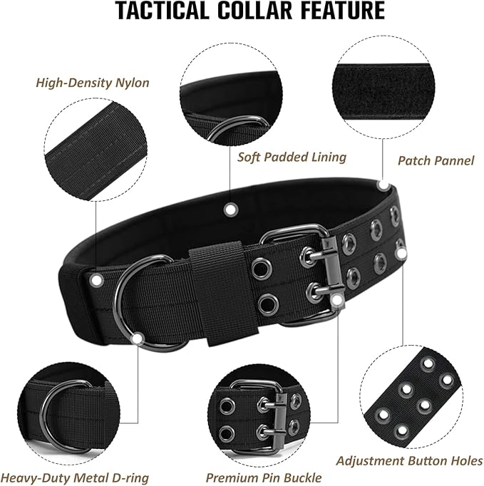 Tactical Dog Collar with Handle, Military Adjustable Heavy Duty Metal Buckle Dog Collars Soft Nylon Training Collar for Medium Large Dogs (Black, Medium)