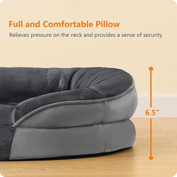 Dwanton Orthopedic Dog Bed for Large Dogs with Gel Memory Foam, Waterproof Dog Sofa, Washable Pet Bed with Four Sided Bolster Cushion, Removable Cover & Non-Slip Bottom, 42", Dark Gray