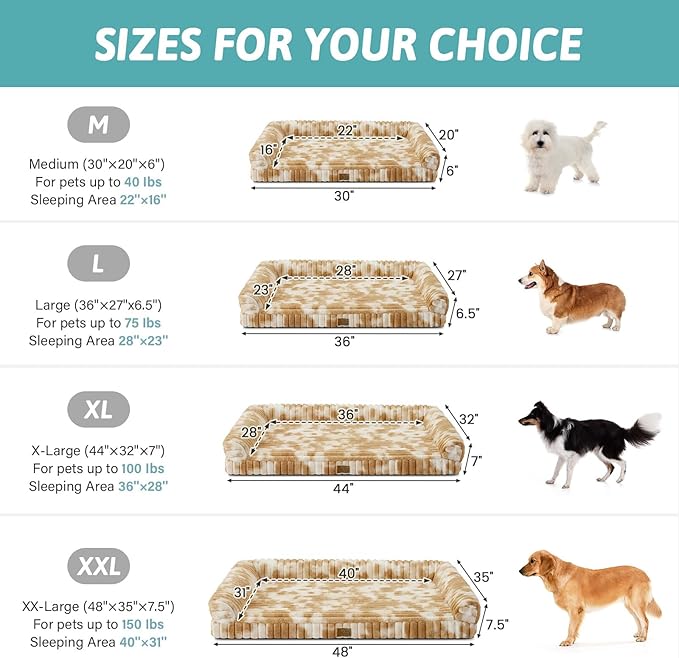 Cute Dog Bed for Medium Dogs, Faux Rabbit Fur Orthopedic Foam Dog Bed with Sides, Removable Washable Cover & Waterproof Lining, Comfortable Pet Couch, Tie-Dye Brown (36" L x 20" W x 6" Th)