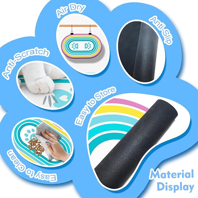 Cat Food Mat 24''x16'', Absorbent Cat Mats for Food and Water, Non-Slip Rubber Mat for Cats Bowls, Easy Store Pet Food Placemat, Mats for Under Cats Food Bowls, Fit with Kitchen, Living Room, Blue Paw