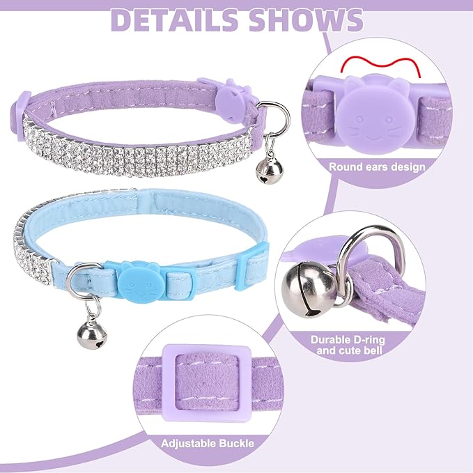 EXPAWLORER Soft Velvet Safe Cat Collars for Girl Cats - Rhinestones Bling Diamante Adjustable Collars Breakaway- Chirstmas Cat Clollar Gifts with Bells for Boy Cats Kitty and Small Dogs