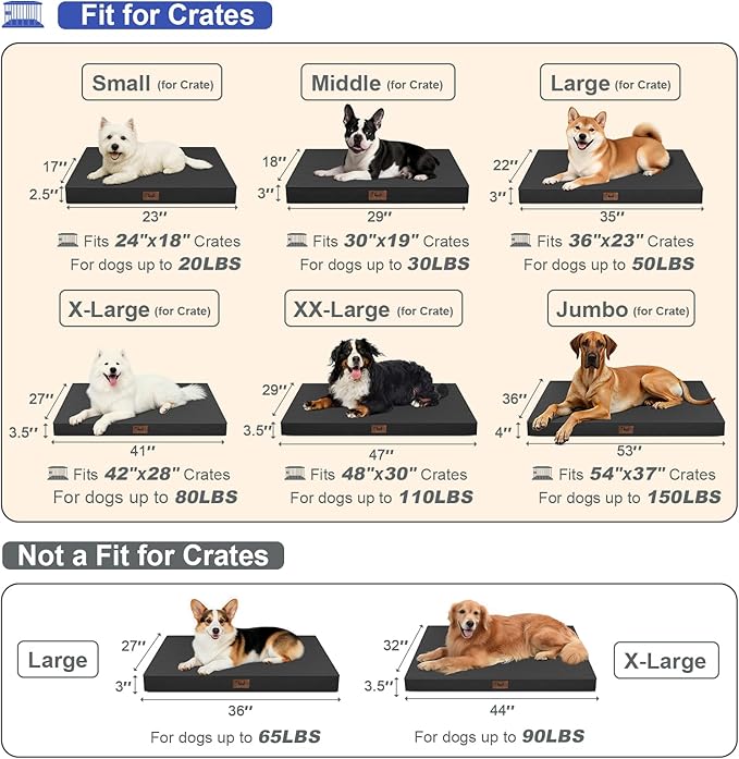 Outdoor Large Washable Dog Bed, Orthopedic Egg Crate Foam Dog Crate Mat for Large Dogs with Removable Oxford Cooling Cover, Black