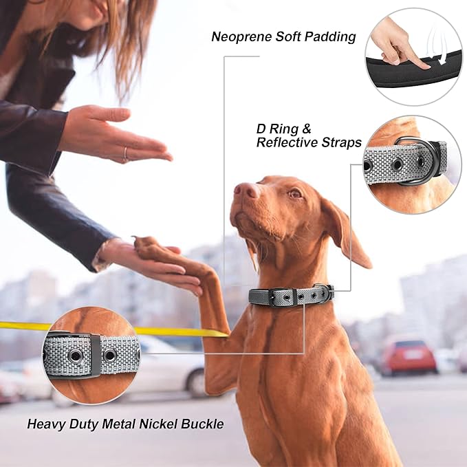 PetiFine Dog Collar for Large Dogs, Neoprene Padded and Adjustable, Reflective Wide Heavy Duty Pet Collars with Durable Metal Belt Buckle for Walking, Grey, XL