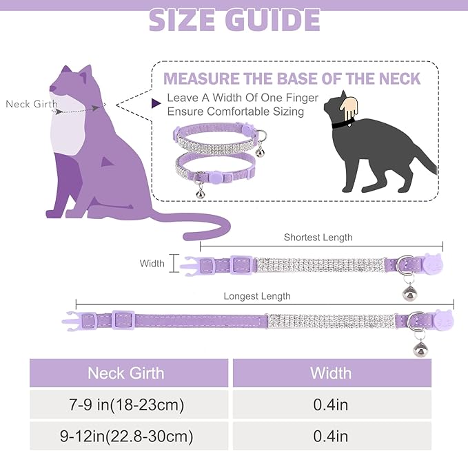 EXPAWLORER Soft Velvet Safe Cat Collars for Girl Cats - Rhinestones Adjustable Collars Breakaway- Chirstmas Cat Clollar Gifts with Bells for Boy Cats Kitty and Small Dogs(XS,Purple)