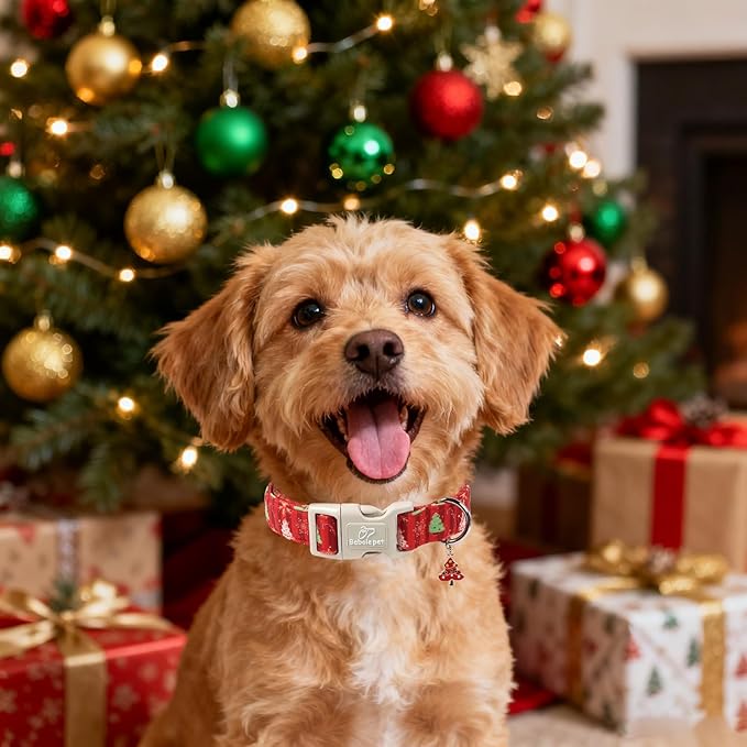 Christmas Dog Collar - Cute Red Christmas Tree Festive Puppy Collar with Safety Buckle, Soft Adjustable Holiday Dog Collars for Small Medium Large Dogs M