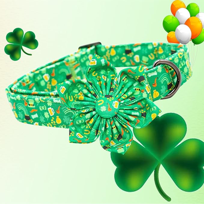 Lionheart glory St. Patrick's Day Dog Collar with Flower Dog Collars for X-Large Dogs,Heavy Duty Green Collars Bows Lucky Clover Shamrock Pet Collar Flower Puppy