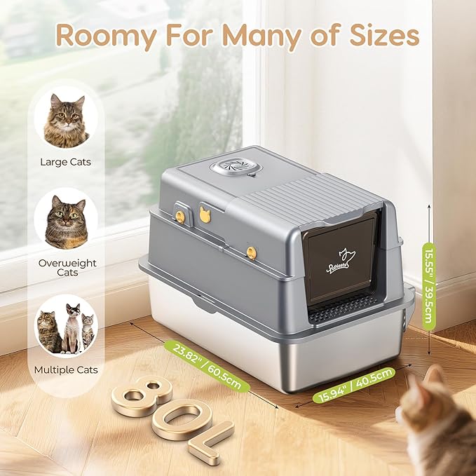 L7 Pro-Stainless Steel Litter Box with Lid, XXL Extra Large Enclosed Metal Cat Box for Kitty&Big Cats, Odor Control - Cat Litter Deodorizer, High Sided Enclosure with Scoop & Mat, Anti-Leakage-Grey