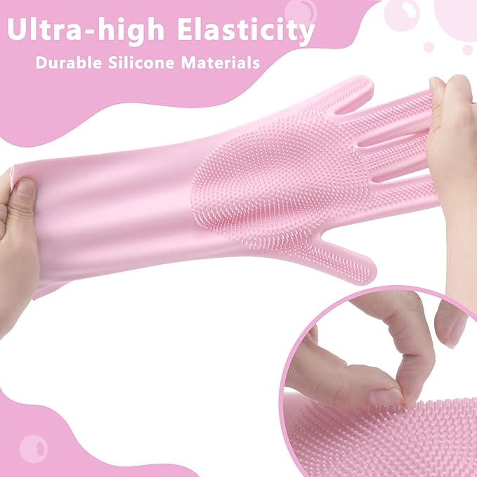 Pet Grooming Gloves—Heat Resistant Dog Washing Gloves with High-Density Teeth, Dog Bath Scrubber with Enhanced Five Finger Design, Silicone Gloves for Dogs and Cats Bathing, Massage (Pink)