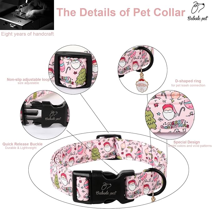 Christmas Dog Collar for Giant Large Dogs - Cute Santa Print Pink Christmas Collars for Dogs, Soft Adjustable Winter Holiday Dog Collars with Quick Release Buckle XL