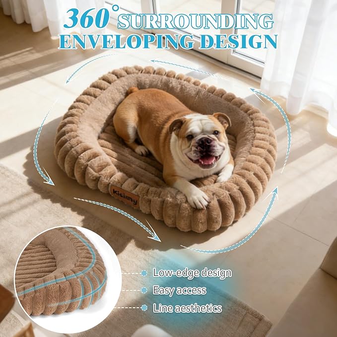 Cute Washable Dog Bed for Small Dogs -Soft Plush Calming Puppy & Cat Bed with Anti-Slip Bottom, Rectangle Anti-Anxiety Puppy Kennel Bed with Handle, 25" x 21" x 4", Brown