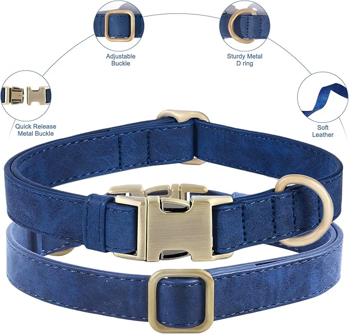 Genuine Leather Dog Collar - Adjustable Pet Collar with Quick Release Metal Buckle, Soft Skin Friendly Real Leather Collar for Small, Medium, Large Dogs (Blue Collar + Rope, S：Fit 8-16" Neck)
