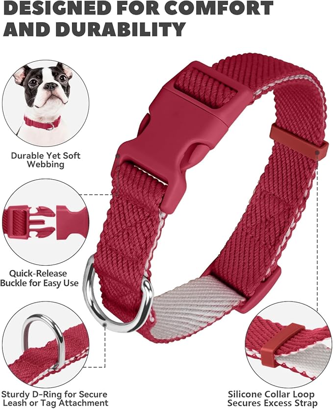 Dynmeow Soft and Breathable Cotton Dog Collar, Durable Adjustable Pet Collar with Quick-Release Buckle, Lightweight for Sensitive Skin for Small and Medium Dogs, Red, S