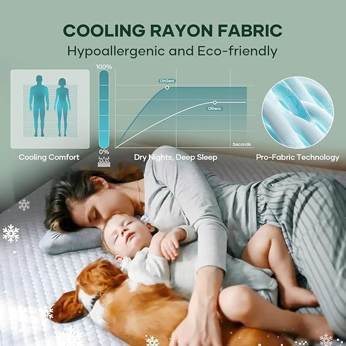 OhGeni 100% Waterproof Zippered Mattress Protector,Queen Size Mattress Encasement,Pet Hair & Bedwetting Resistant,Cooling Breathable Fitted Sheets,Non-Slip Deep Pocket,Washable Noiseless