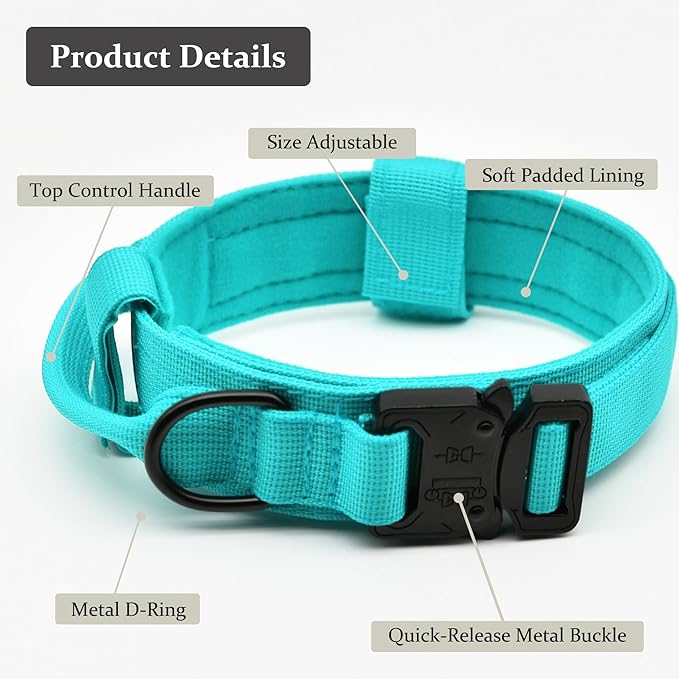 Tactical Dog Collar, Adjustable Military Training Nylon Dog Collar with Control Handle and Heavy Quick-Release Metal Buckle for Small Medium Large Dogs, Blue XXL
