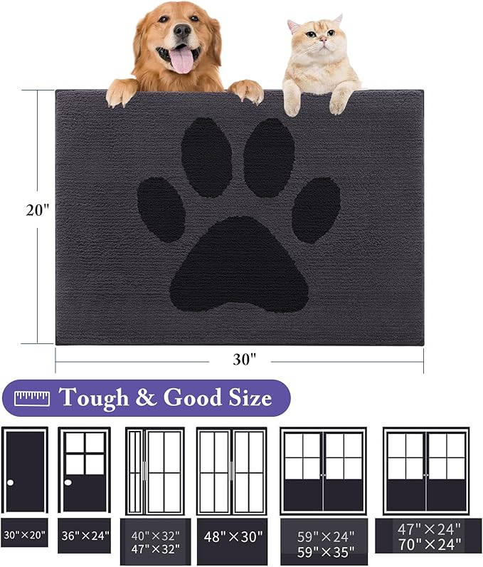 Buganda Dog Door Mat for Muddy Paws, Absorbent Dirt Trapper Non Slip Indoor Doormats, Washable Low-Profile Mat for Mud Dogs, Entryway Carpet for Inside Floor (59x35 Inches, Black)