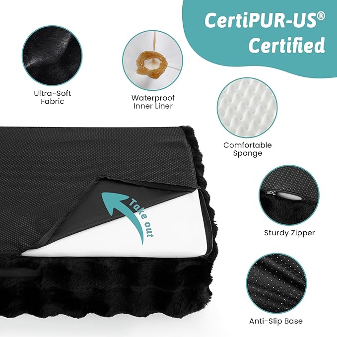 Orthopedic Dog Bed for Extra Large Dog, Soft and Warm Faux Fur Sofa for Giant Pet Up to 150 lbs, Foam Bolster Anti-Slip Couch with Washable Removable Cover, XXL 48x35x8 inch, Black