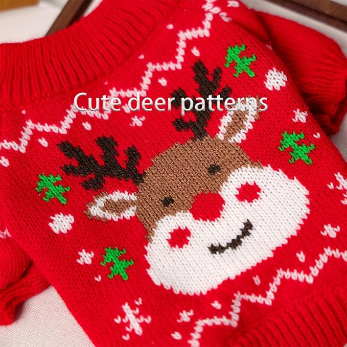 Christmas Dog Outfit Red Puppy Sweater for Small Dogs Girl Boy Elk Snowflake Cat Knitwear Reindeer Knitted Pet Clothes Santa Deer Costume for Chihuahua Yorkie Poodle (Red-2, Small)