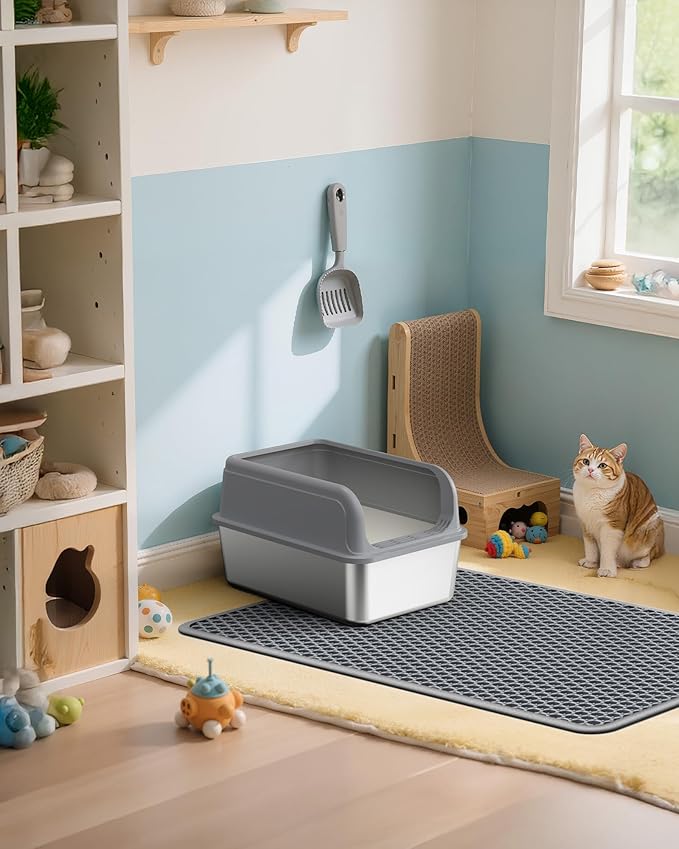 Cat Litter Mat - 46'' x 35'' Small Litter Trapping Mat, Easy to Clean Litter Box Mat, Waterproof, Urine-Proof, Non-Slip Kitty Litter Mats for Floor, Grey