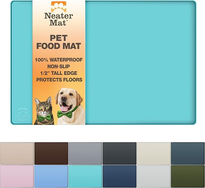 Neater Pet Brands Neater Mat Pet Mats for Food and Water, Cat & Dog Bowl Mat Waterproof Silicone, Feeding Tray, Dog Food Mats for Floors, Placemat w/Raised Edge for Under Bowls, 19” x 12”, Aquamarine