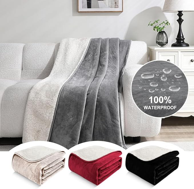 Waterproof Bed Blanket - Reversible Sherpa Throw with Leak-Resistant TPU Layer - 80x60 Stain Resistant, Machine Washable Bed Protector for Couch, Bed & Pets