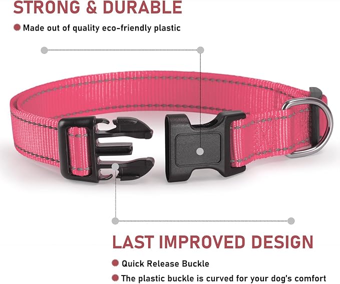 Reflective Dog Collar with Buckle Adjustable Safety Nylon Collars for Small Medium Large Dogs, Light Pink XXS