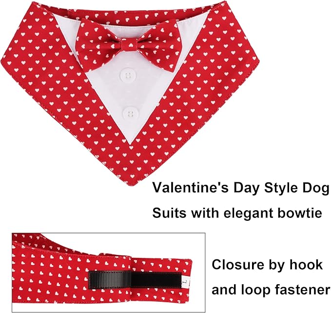 ADOGGYGO Valentine Dog Tuxedo Bandana, Red Heart Pet Tux with Bowtie Adjustable Valentine Costume for Small Dogs Pets (S)