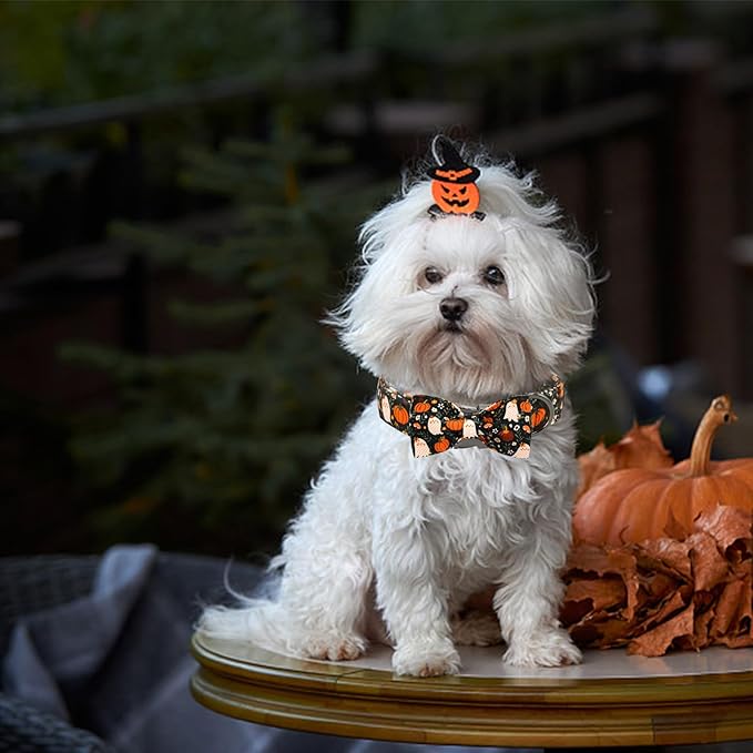 Halloween Dog Collar, Ghost Print Adjustable Pet Collar Fall Pumpkin Cute Cotton Soft Collars with Bow Tie Fall Metal Buckle Holiday Puppy Collars Boy&Girl Gift for X-Small Dogs