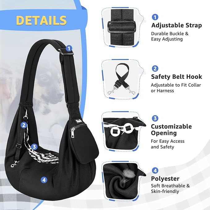 SlowTon Dog Carrier Sling - Thick Padded Shoulder Strap Adjustable Dog Carriers for Small Dogs, Puppy Carrier Purse for Pet Cat with Front Zipper Pocket Safety Belt Machine Washable (Dark Black, M)