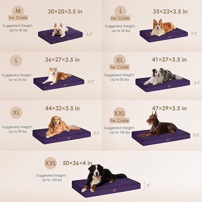 EHEYCIGA Orthopedic XXL Dog Beds for Jumbo Dogs with Removable Washable Cover for Crate, Purple, 47x29