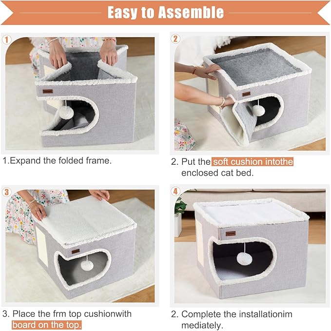 Cat Bed for Indoor Cats Cube House, Covered Cat Cave Beds & Furniture with Scratch Pad and Hideaway Tent, Cute Modern Cat Condo for Multi Small Pet Large Kitten Kitty, Green