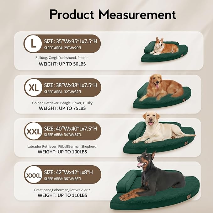 Large Orthopedic Dog Bed with Sides XXXL Dog Beds with Removable Washable Cover Non-Slip Waterproof Pet Bed for Extra Large Dogs - Dark Green XXXL