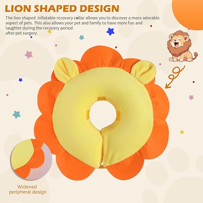 IEUUMLER Inflatable Recovery Dog Collar, Protective Donut Cone, Adjustable Soft Collar for Dog and Cat After Surgery Prevent from Biting & Scratching EU002 - Orange Lion M