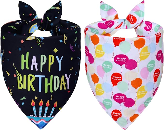 Dog Birthday Bandanas, 2-Pack Reversible 4 Patterns for Medium Large Dogs - Black Boy & White Girl Birthday Scarf, Party Outfit Gift for Pups (14-18" Neck)