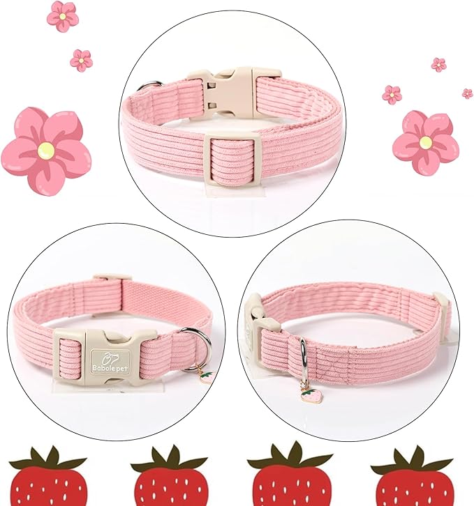 Cute Corduroy Dog Collar - Pink Adjustable Dog Collars for Medium Dogs 25-50lbs, Fade-Proof with Secure Snap & Little Charm, Christmas Birthday Gift, M