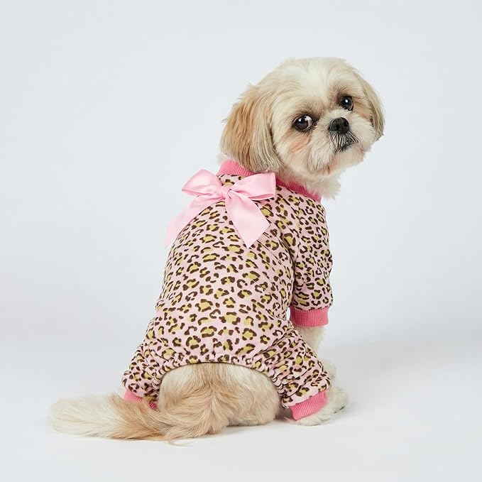 Fitwarm Leopard Dog Pajamas, Fleece Dog Clothes for Small Dogs Girl with Legs, Pet Onesie, Cat Outfit, Pink, XXL