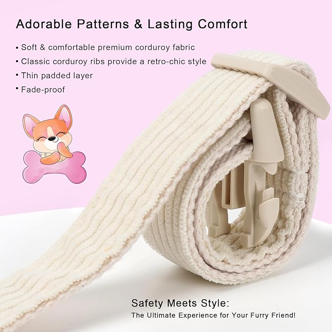 Cute Corduroy Dog Collar - White Adjustable Dog Collars for Large Dogs 50-80lbs, Fade-Proof with Secure Snap & Little Charm, Christmas Birthday Gift, L