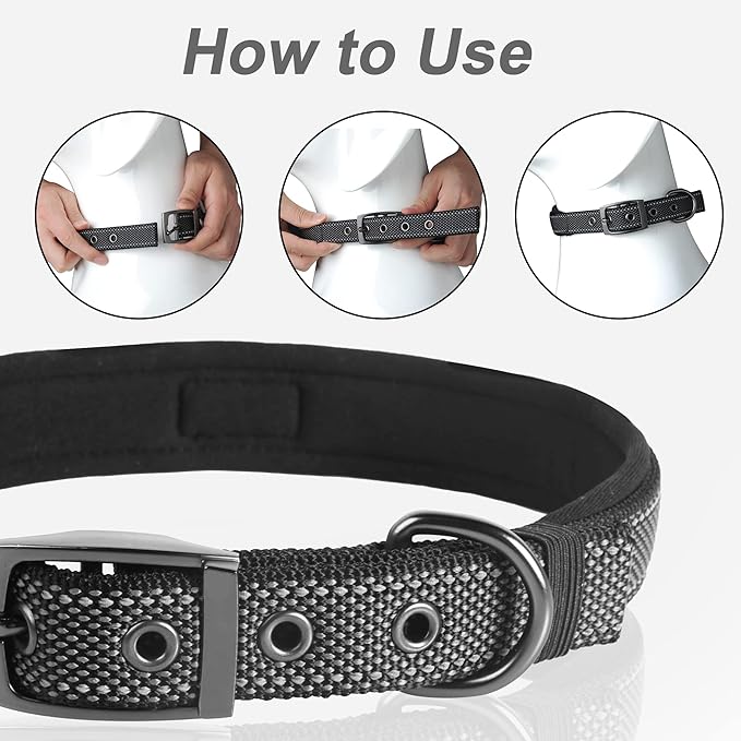 PetiFine Dog Collar for Large Dogs, Neoprene Padded and Adjustable, Reflective Wide Heavy Duty Pet Collars with Durable Metal Belt Buckle for Walking, Black, L