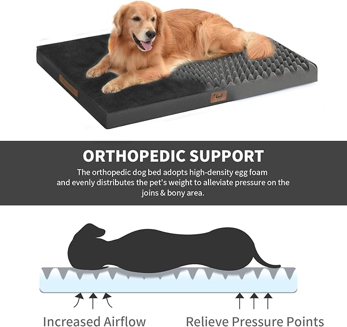 Orthopedic Dog Crate Bed for Extra Large Dogs, XXL Waterproof Comfort Pet Bed with Egg Crate Foam 47x29 Inch, Removable Oxford Cover, Black