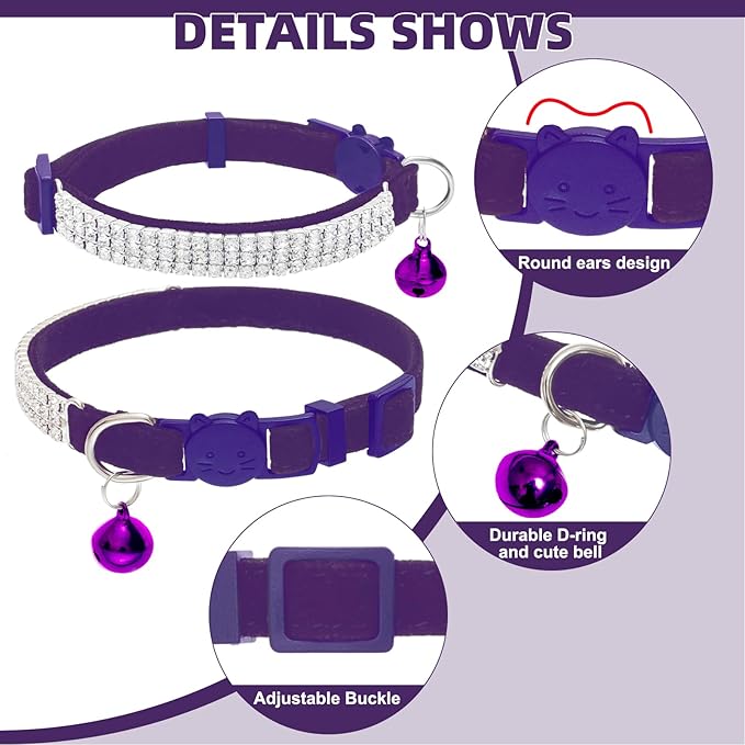 EXPAWLORER Soft Velvet Safe Cat Collars for Girl Cats - Rhinestones Bling Diamante Adjustable Collars Breakaway- Chirstmas Cat Clollar Gifts with Bells for Boy Cats Kitty and Small Dogs